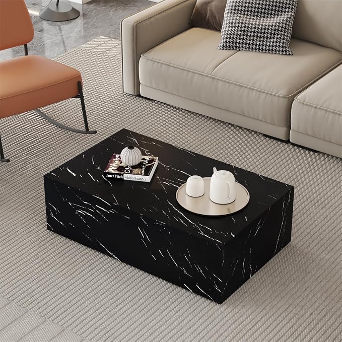 Coffee Table Living Room Table, Modern Black Faux Marble Center Couch Table by BAOPIN