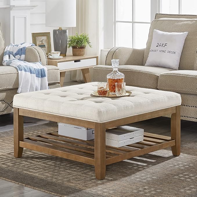 24KF Large Square Upholstered Tufted Linen Ottoman Coffee Table, Large Footrest by WEMARTHOMEDECOR