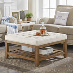 24KF Large Square Upholstered Tufted Linen Ottoman Coffee Table, Large Footrest by WEMARTHOMEDECOR