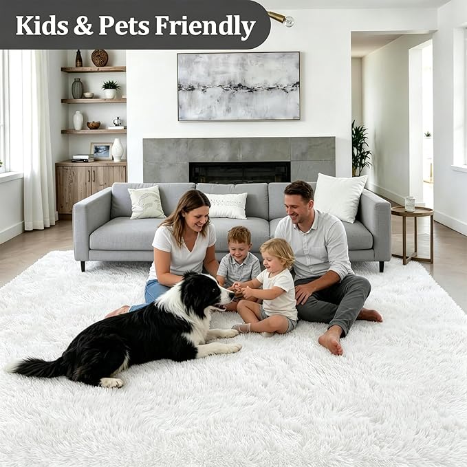 Area Rug Living Room Bedroom: 6x9 Fluffy Plush Shag Carpet Ivory | - Image 4