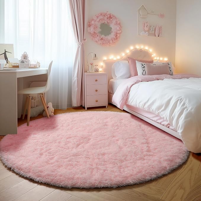 Light Pink Round Area Rugs 5ft for Bedroom Living Room, Fluffy Circle Rug for by ONASAR