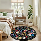 PLHXFR Round Area Rug Living Room: 4 ft Floral Washable Soft Carpet Black | - Image 3