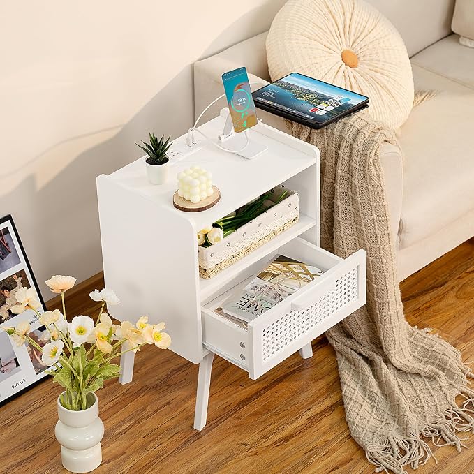 Lerliuo Rattan Nightstand with Charging Station, Side Table with Drawer Open - Image 4