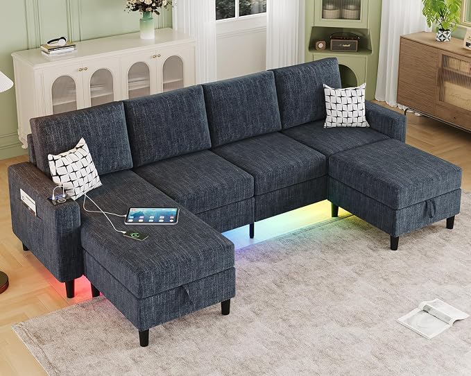 Sectional Couches for Living Room, 6-Seats Soft Linen Fabric Sectional Sofa by BULAIMEIKEEY