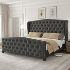LARMACE Queen Size Bed Frame Velvet Upholstered Platform Bed by LARMACE