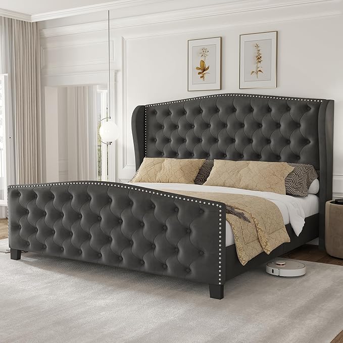 LARMACE Queen Size Bed Frame Velvet Upholstered Platform Bed by LARMACE