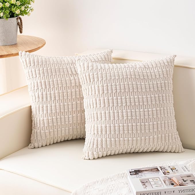 Pack of 2 Corduroy Decorative Throw Pillow Covers 18x18 Inch, Cream White | by Unknown
