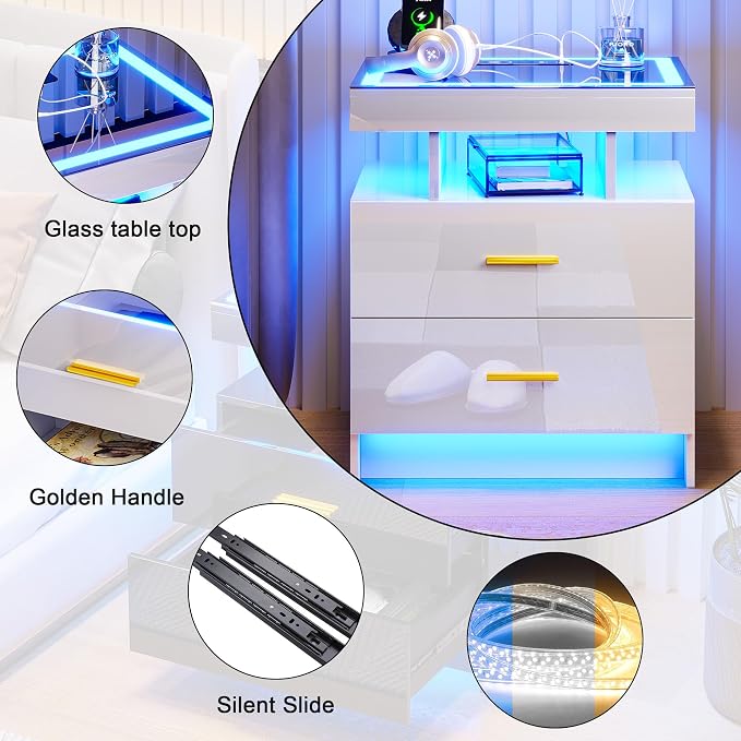 HNEBC LED Nightstand with Charging Station High Gloss Bedside Table with 2 - Image 7