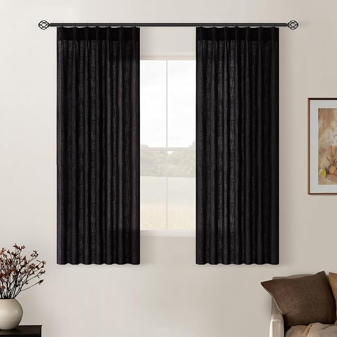 Black Pinch Pleated Linen Semi Sheer Curtains 45 Inch Length 2 Panels Set | by Twodrapes