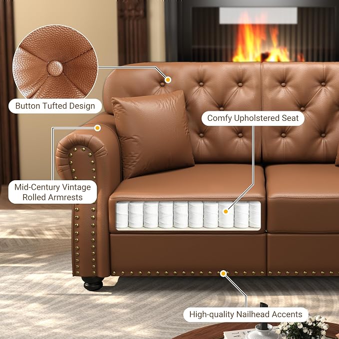 KEIKI 83" Faux Leather Chesterfield Sofa - Image 5