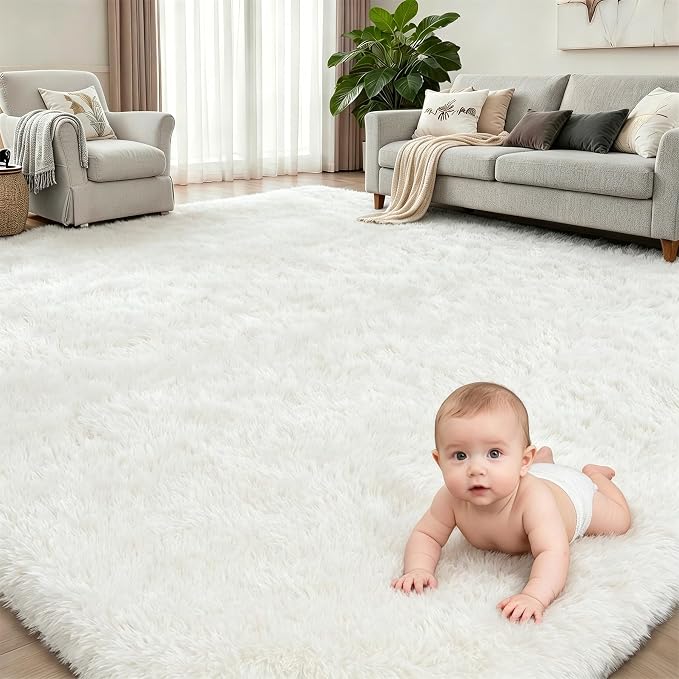 9x12 Area Rug Living Room Bedroom: Fluffy Plush Shag Carpet Ivory | - Image 2