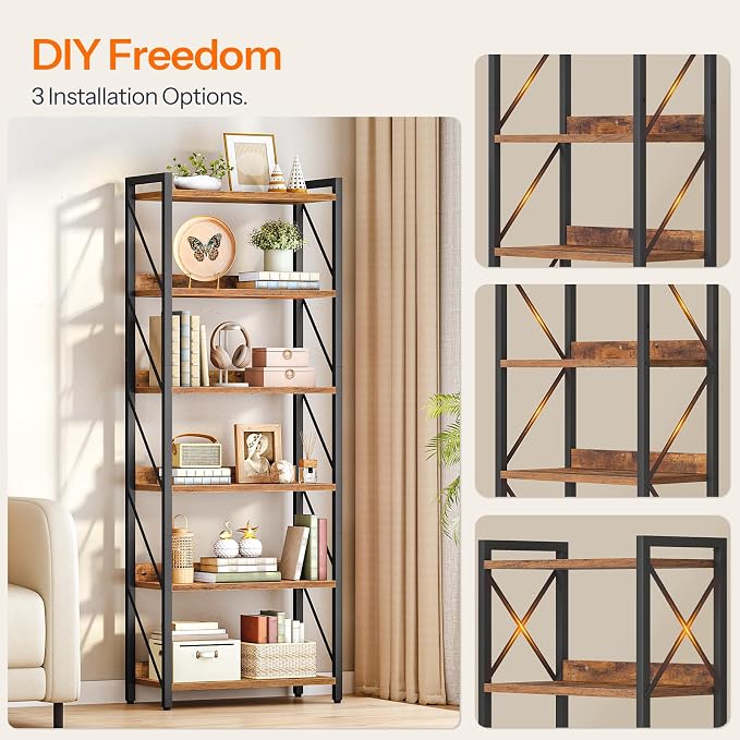 HOOBRO Bookshelf, 6-Tier Industrial Bookcase, Book Shelf Storage Organizer - Image 7