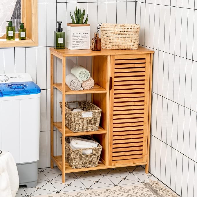 Tangkula Bamboo Bathroom Floor Cabinet, Storage Cabinet - Image 4