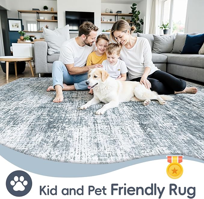 10x14 Area Rug for Living Room Bedroom: Non-Slip Modern Light Slate Blue | - Image 4