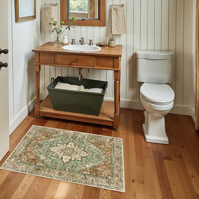 RELEANY Washable Area Rug, Small 2'x4', Brick/Brown/Green | Non-Slip, Water - Image 3