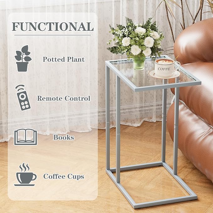 End Table, C Shaped Side Table for Sofa, Glass Couch Tray Snack Dinner Table - Image 4