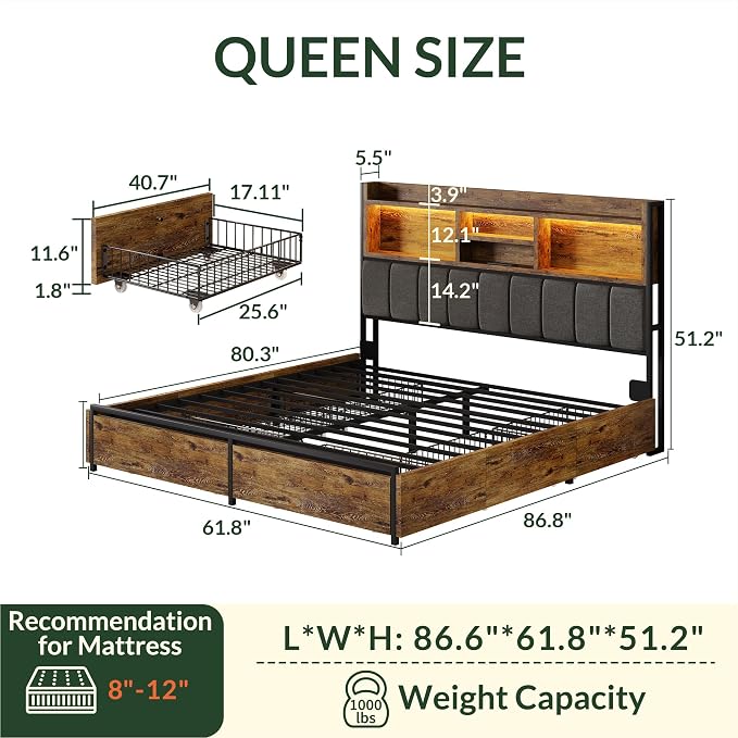 LARMACE Queen Bed Frame with 6 Storage Drawers, Bed Frame Queen Size with Linen - Image 2