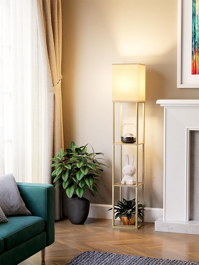 Floor Lamp with Shelves for Living Room Natural Wood, Shelf Floor Lamp with 3 by PARTPHONER