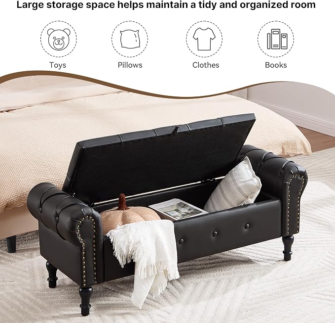 Storage Bench for Bedroom, Faux Leather 51" End of Bed Bench, Queen Size Bench - Image 4