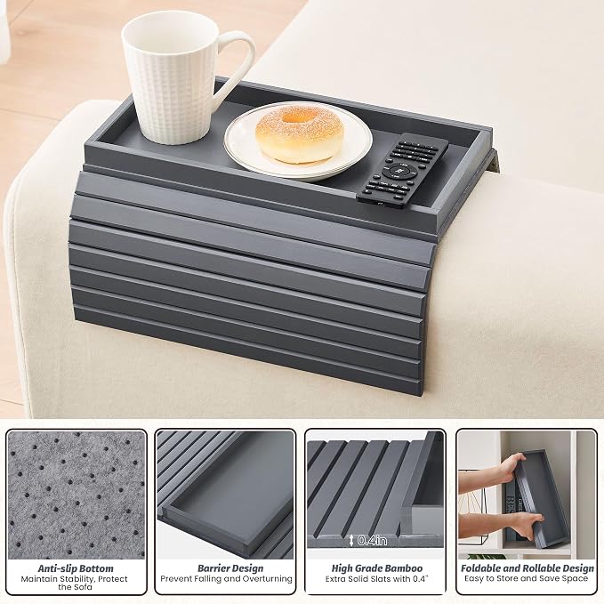 GEHE Bamboo Sofa Arm Tray, Foldable Couch Arm Tray Side Table, Anti-Falling - Image 6