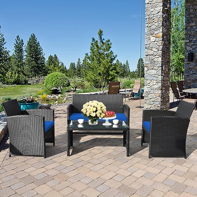Tangkula 4 Pieces Patio Wicker Conversation Furniture Set, Patiojoy Sofa & - Image 3