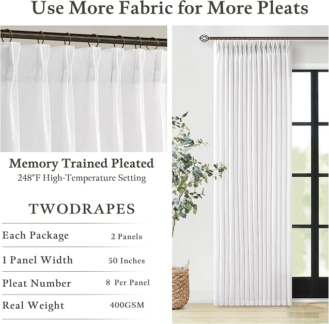 Linen Pinch Pleated Light Filtering Semi Sheer White Curtains 86 Inch Long | - Image 5