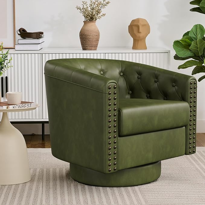 Swivel Barrel Accent Chair, Round Nailhead Faux Leather Living Room Arm Chairs by ErdoruLiving