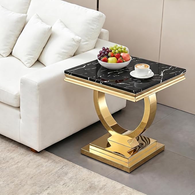 Henf Marble End Table Modern Black Faux Marble Sofa Side Table - Image 4