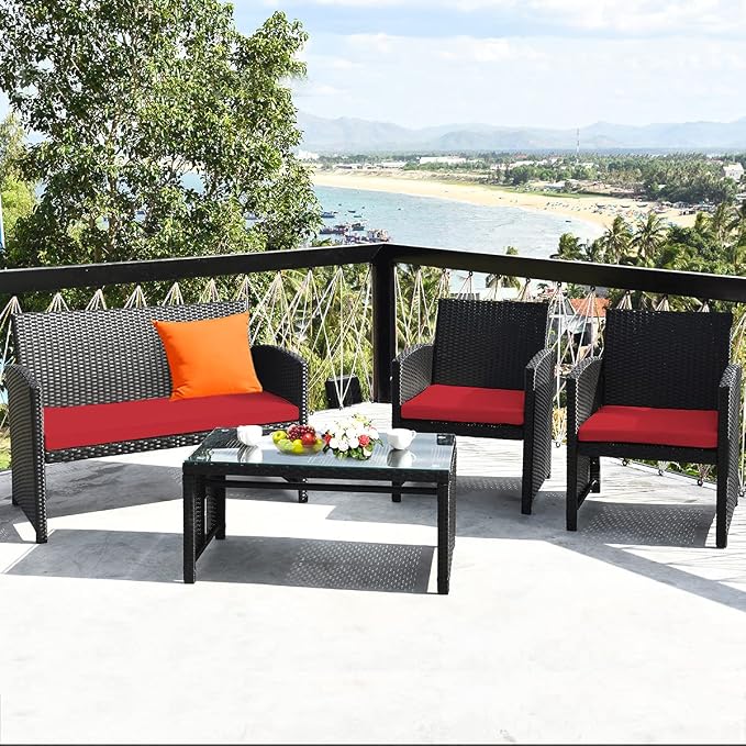 Tangkula Patio Wicker Conversation Furniture Set, Patiojoy Sofa & Table Set w/4 - Image 3