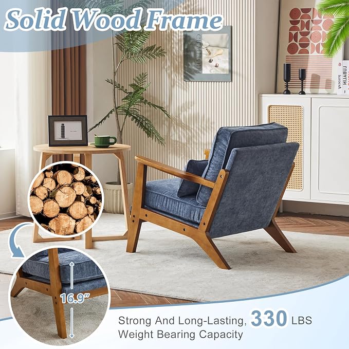 VINGLI Solid Wood Wide Armrests Accent Chair Set of 2, Upholstered Mid Century - Image 4