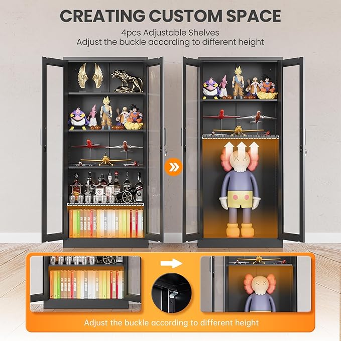 Locking Display Cabinet with Glass Door, 71”H Metal Curio Cabinets with - Image 5