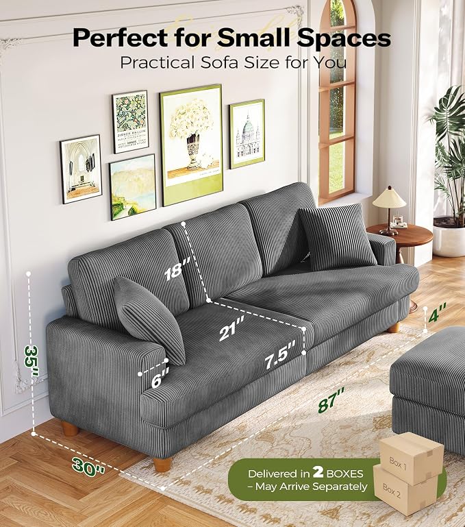 Kidirect 87in Corduroy Couch, Sofa No Tool Assembly, Comfy Couches - Image 2
