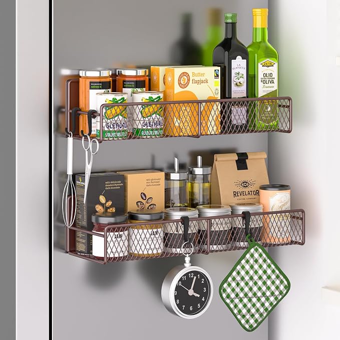 Magnetic Spice Rack for Refrigerator, 2 Pack 100% Metal Strong Magnet Shelf by DTUQYX