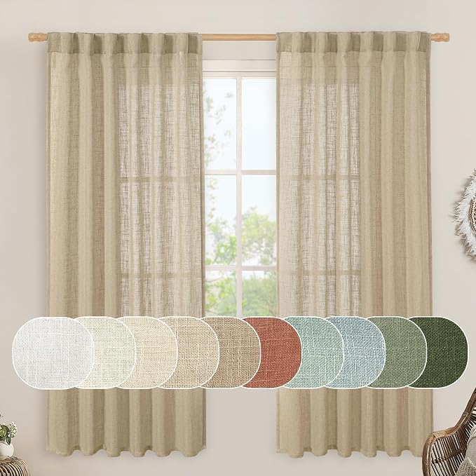 Linen Semi Sheer Curtains for Bedroom 72 Inch Length 2 Panels | Faux Linen by LAMIT