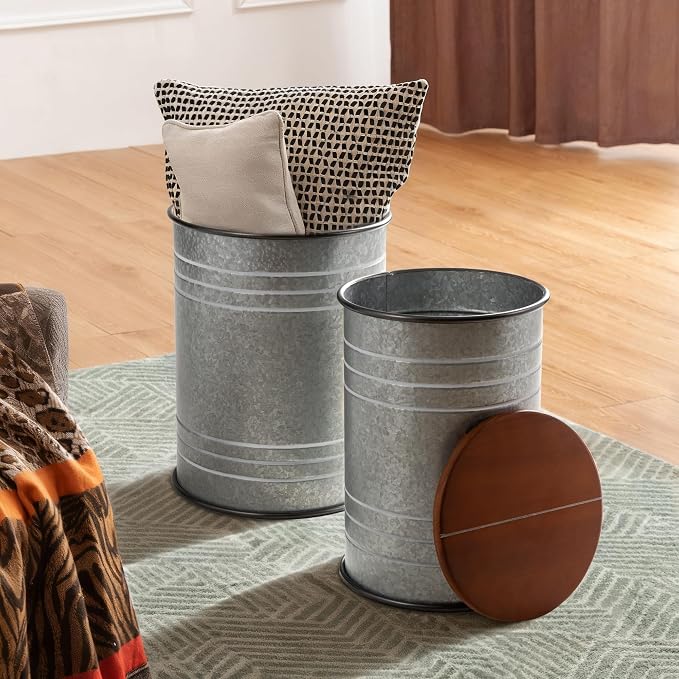 Glitzhome Rustic End Table Set of 2, Farmhouse Galvanized Metal Barrel Ottoman - Image 7