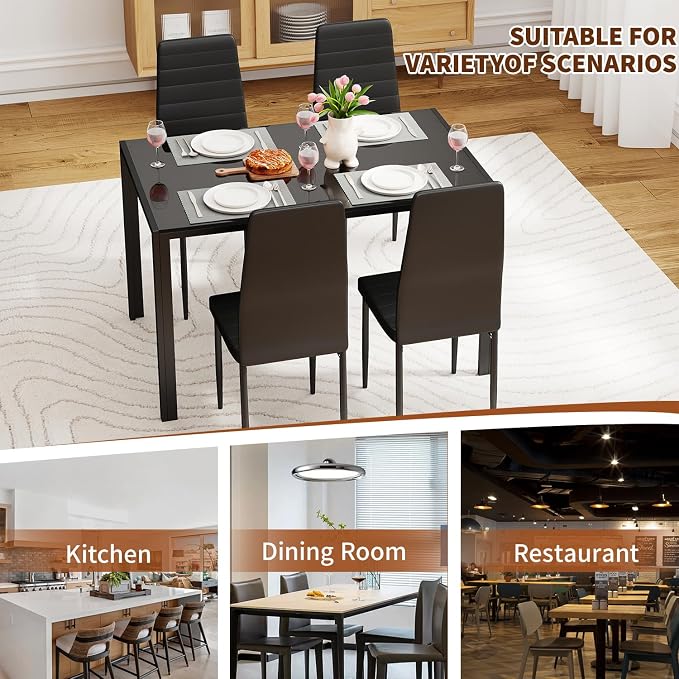 FDW | Dining Table Set for 4 | 5-Piece Glass Black Dining Table | Kitchen Table - Image 6