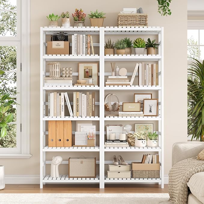 FOTOSOK 6-Tier Bamboo Shelf Set of 2, Bamboo Bookcase - Image 5