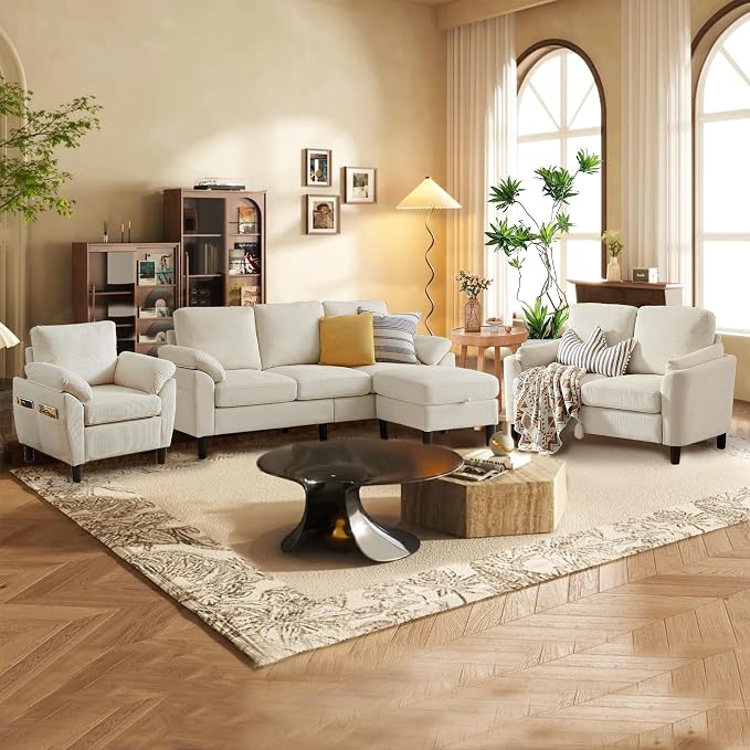 4 Piece Modern Corduroy Sofa Set, L-Shaped Sectional Couch - Image 3