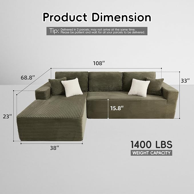 108" Boneless Couch, L-Shaped Modular Sectional Sofa - Image 2