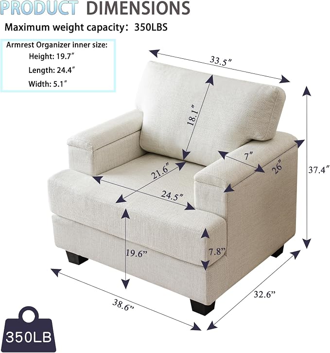Oversized Living Room Chairs Set of 2, Comfy Accent Chair - Image 2