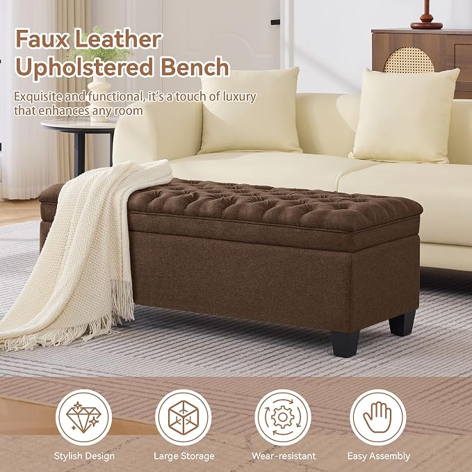 WUTUTUEE 50" Fabric Storage Ottoman Bench, Upholstered Rectangle End of Bed - Image 6