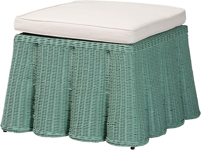 Bali & pari Palm Bohemian Seafoam Green Scallop Rattan Ottoman by balipari