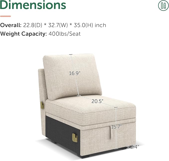 HONBAY Single Seat for Modular Sectional Sleeper Sofa - Image 3