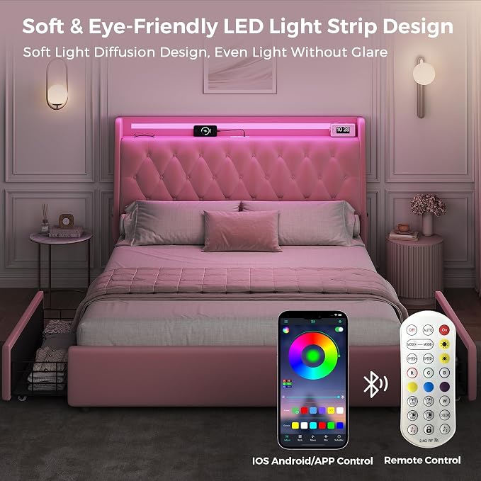 Full LED Velvet Bed Frame with 2 Storage Drawers&Hidden Headboard, Upholstered - Image 5