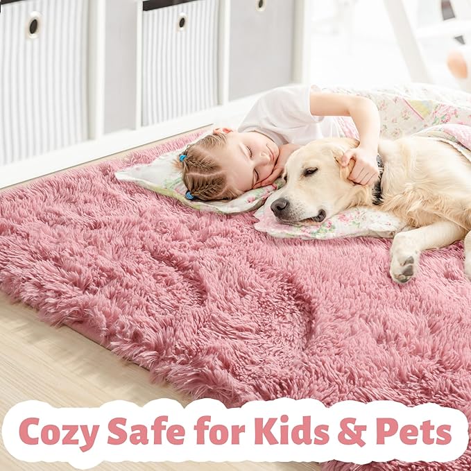 Amdrebio Blush Pink Fluffy Kids Area Rug 5x7 - Image 2