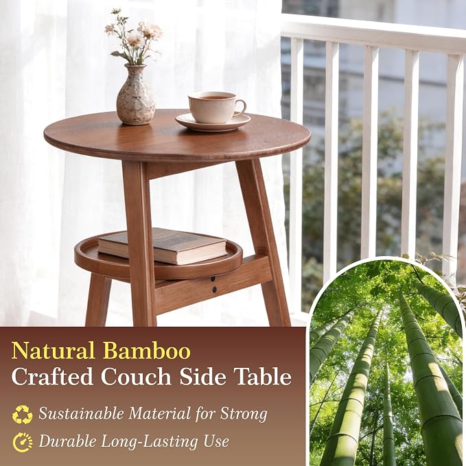 Bamboo Round Side Table, 2-Tier Small Space End Table - Image 3