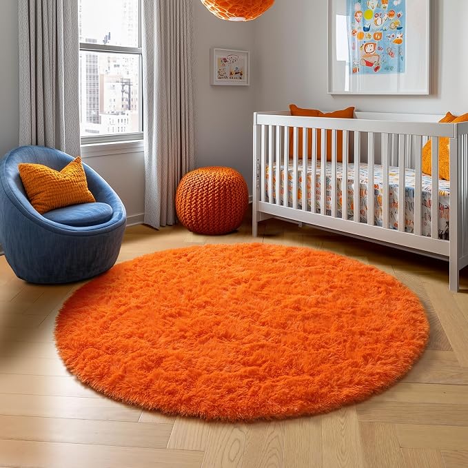 Amdrebio Orange Round Shag Kids Rug 4Ft - Image 8