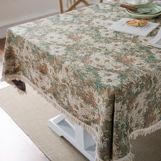 Aesthetic Green and Beige Floral Table Cloth, Linen Texture Table Cloth - Image 9