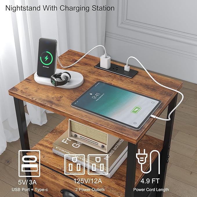 sthmec Nightstand with Charging Station, Night Stand with 2 Fabric Drawers - Image 4
