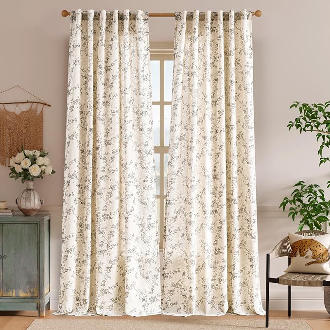 Extra Long Grey Vintage Floral Linen Curtains Farmhouse 2 Panels | Elisa Series - Image 2